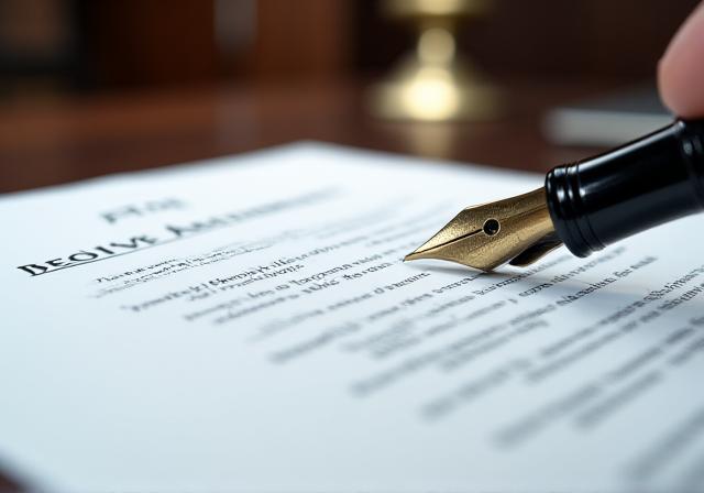 Professional legal documents and a pen on a mahogany desk